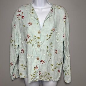 Two Star Dog USA 100% Linen Floral Resortwear Beachy Light Blue Button Up Sz S